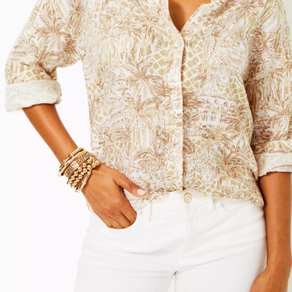 Lilly Pulitzer | Stevey Relaxed Button Down Linen Shirt Palm Beach Paradise - Picture 3 of 13